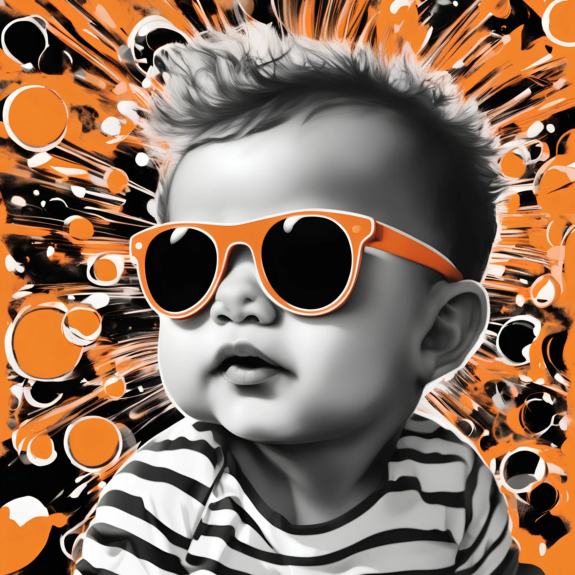 a baby with white sunglasses, black and white, cartoon, orange explosion in the background