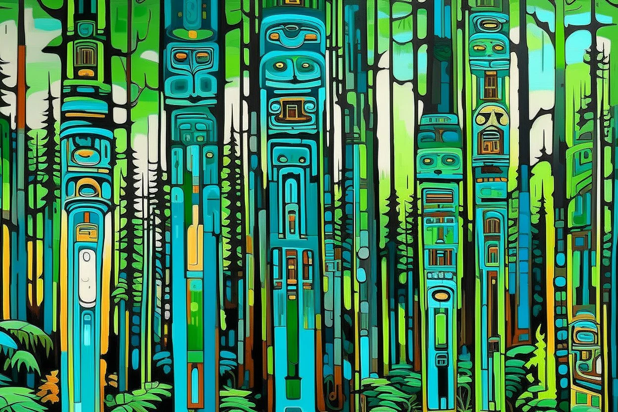 A green cybernetic forest designed in pacific Northwest totem poles painted by Stuart Davis
