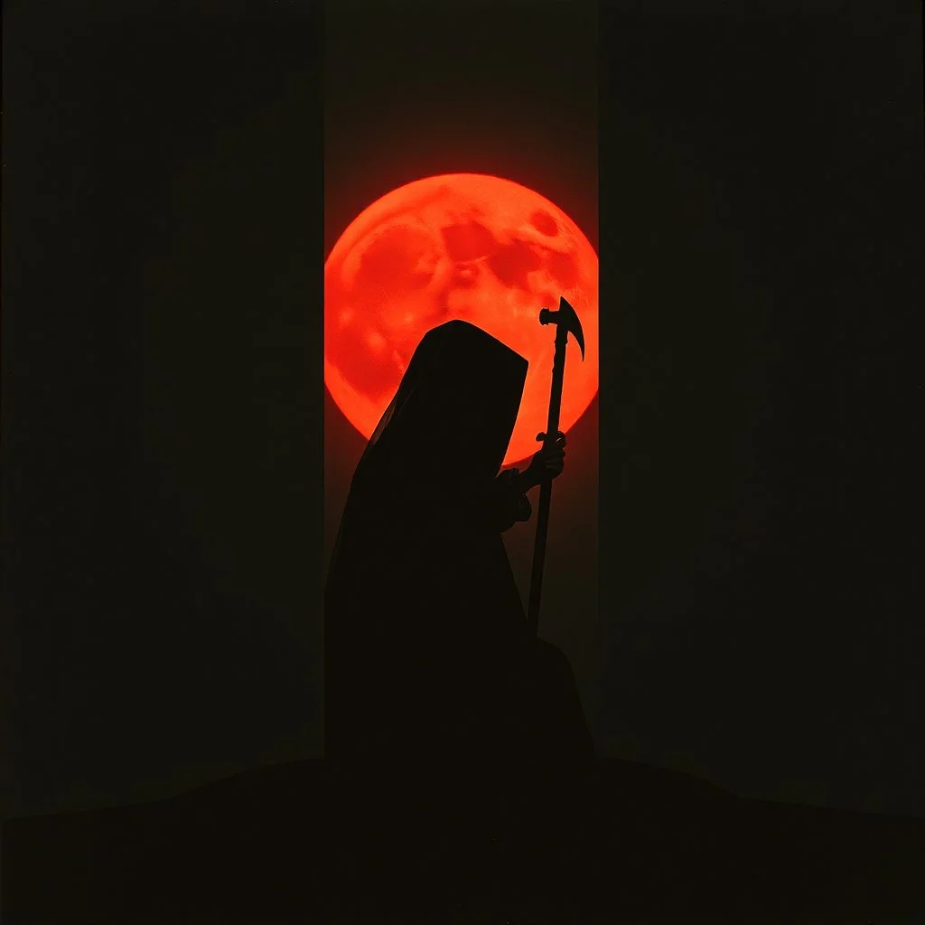 Reaper and the girl reveries under a red moon, segmented image spanning three offset oblong panels, Exponential paradigm shift, surreal, mind-bending grainy corrupted photography; eerie colors, dark shines, atmosphere guided by N(t)=N0​⋅e−kt, dark negative space