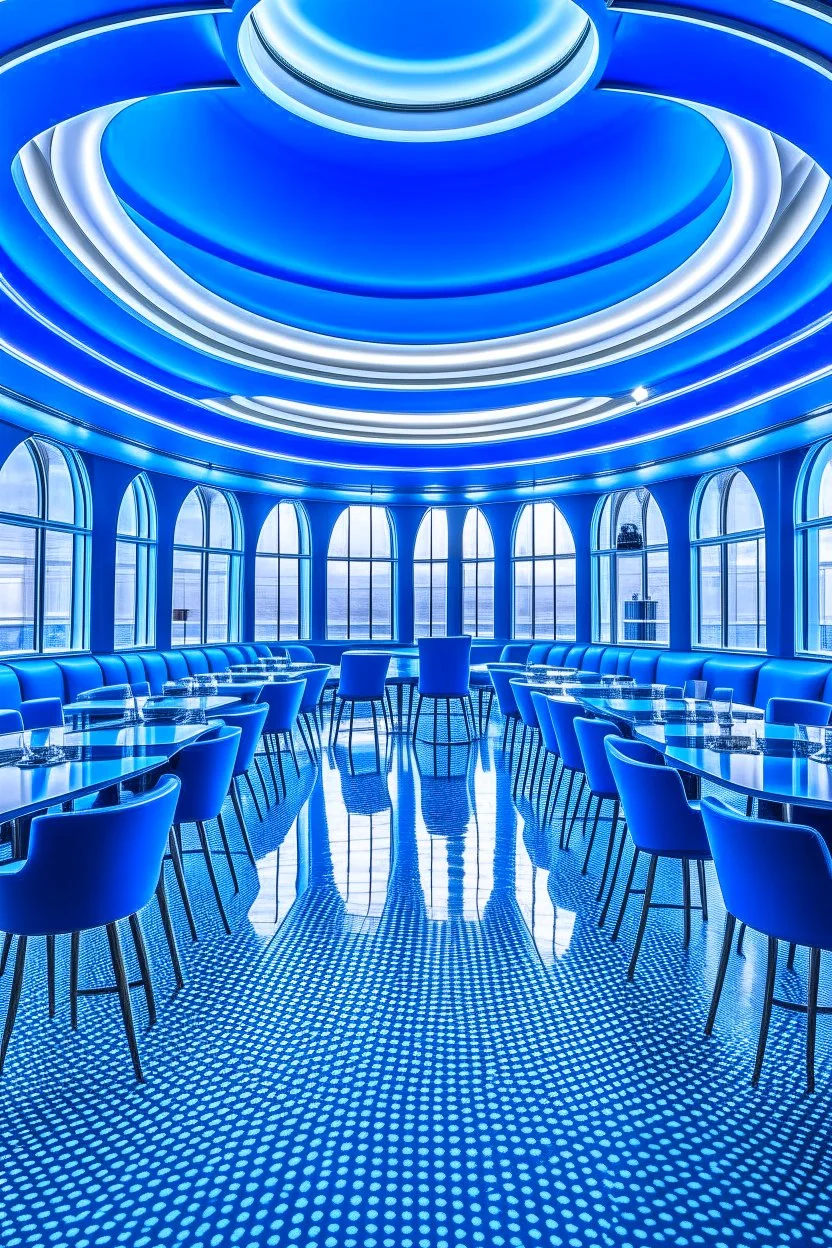 A restaurant with the outer shape of the walls in blue and a white floor and it contains one table in the middle of the restaurant in the form of a bar and the shape of the walls is oval containing 30 chairs and the walls are made of glass