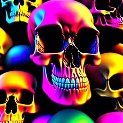 a picture of a dark, comedic, anatomically correct wall of colorful tightly packed stacked skulls of varying sizes and expressions, photo realistic, insanely meticulous, highly detailed, part of a collection of bones on display, 64k, dystopian, vray, cartoonish, cartoon character skulls