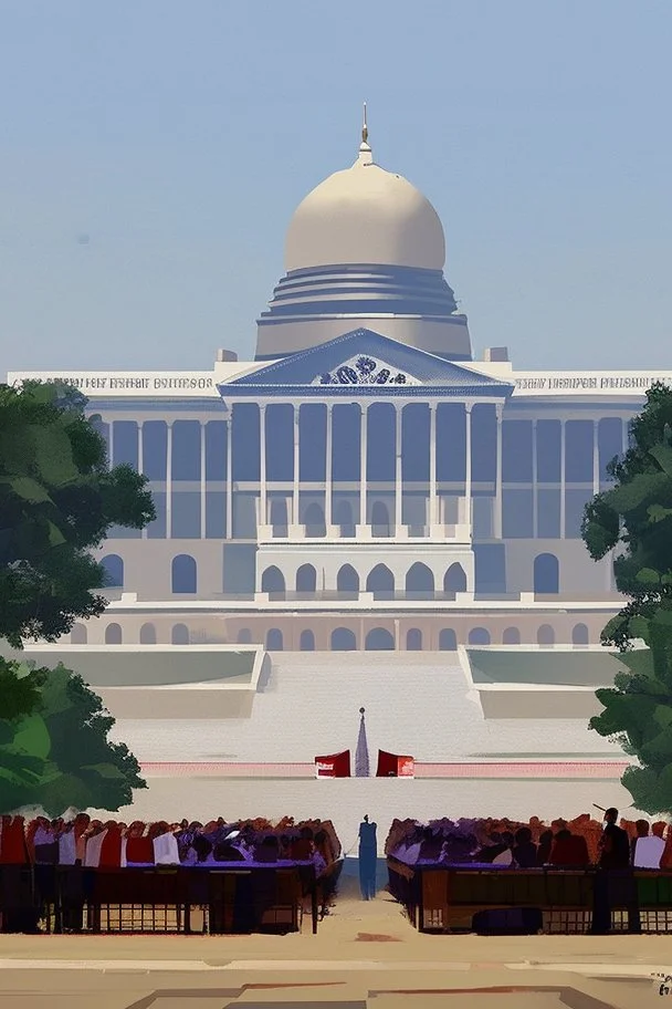 To governors having a speech in front of a huge building painting