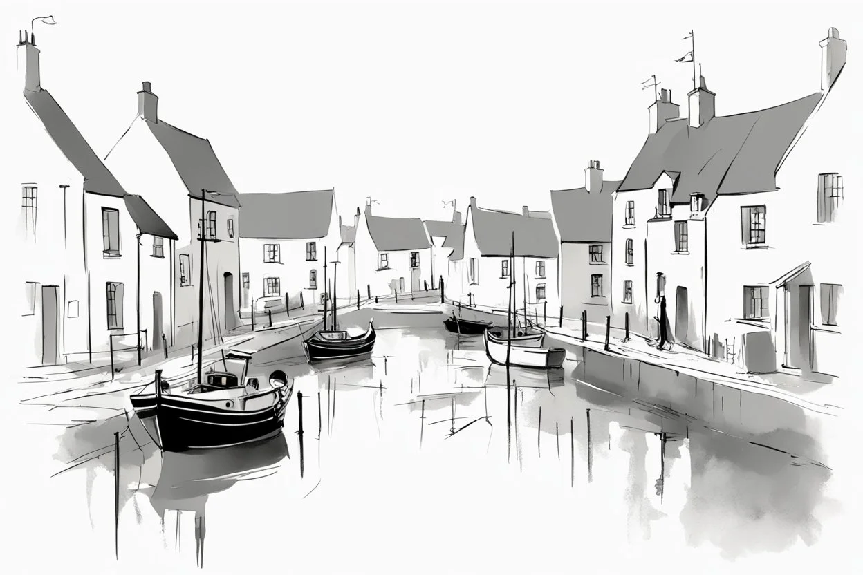 English fishing village light hb pencil line art minimalist outlines in the style of Willem Haenraets