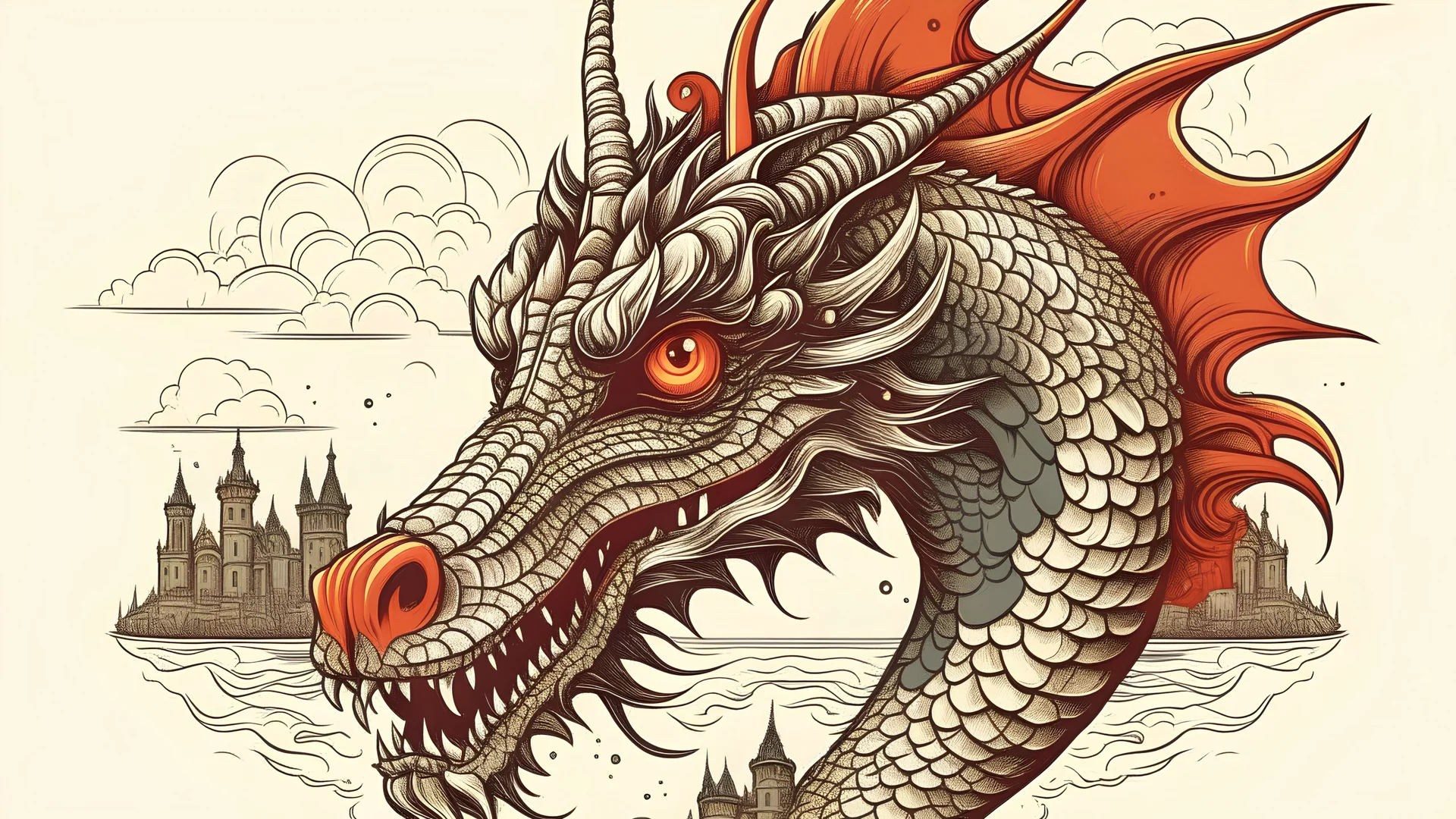 dragon head in the foreground, and Barcelona in the background, tattoo vector style, 4k