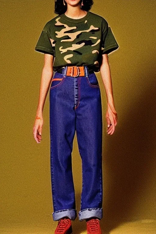 year 1996 denim fashion. Loose fit, "combat pants" with low waist, baggy, Combat pants and t-shirt. Colors: denim blue, blue, purple, khaki, light green, lilac, plum, orange, terracotta, red, pink, dark blue, beige. Women models. Patterns: Something between camouflage and lynx prints, stripes.Something between camouflage and lynx fur pattern prints.Jennifer Lopez, Gwyneth Paltrow, . Big tennis shoes on. Cargo pants. street vs. grunge