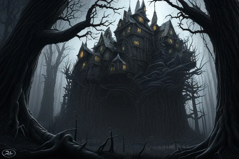  Wednesday Adams, black and white, one tall narrow scary house , pointy roof, cursed trees , dense dark forest, forest background, spiders, bats, bones, Escher style