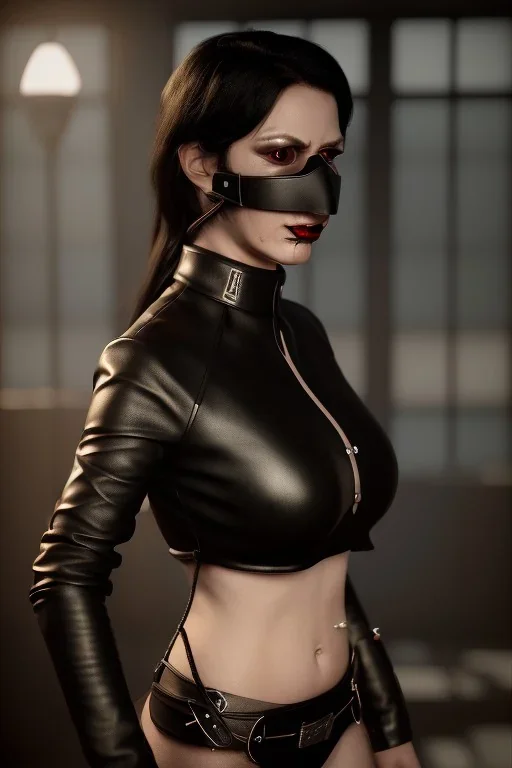 executioner in black leather, mature woman, skintight eye mask, cleavage, evil, angry, steam punk, 8k,dark, bdsm