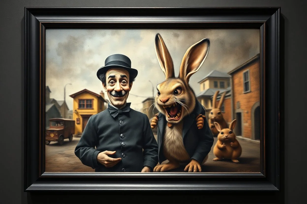 Real Charlie Chaplin in front of the frame, and town major troll mouse rabbit in style of Rembrandt and Fallout 4, with motion blur, all on a painting on wall with black wooden frame and with black wall background