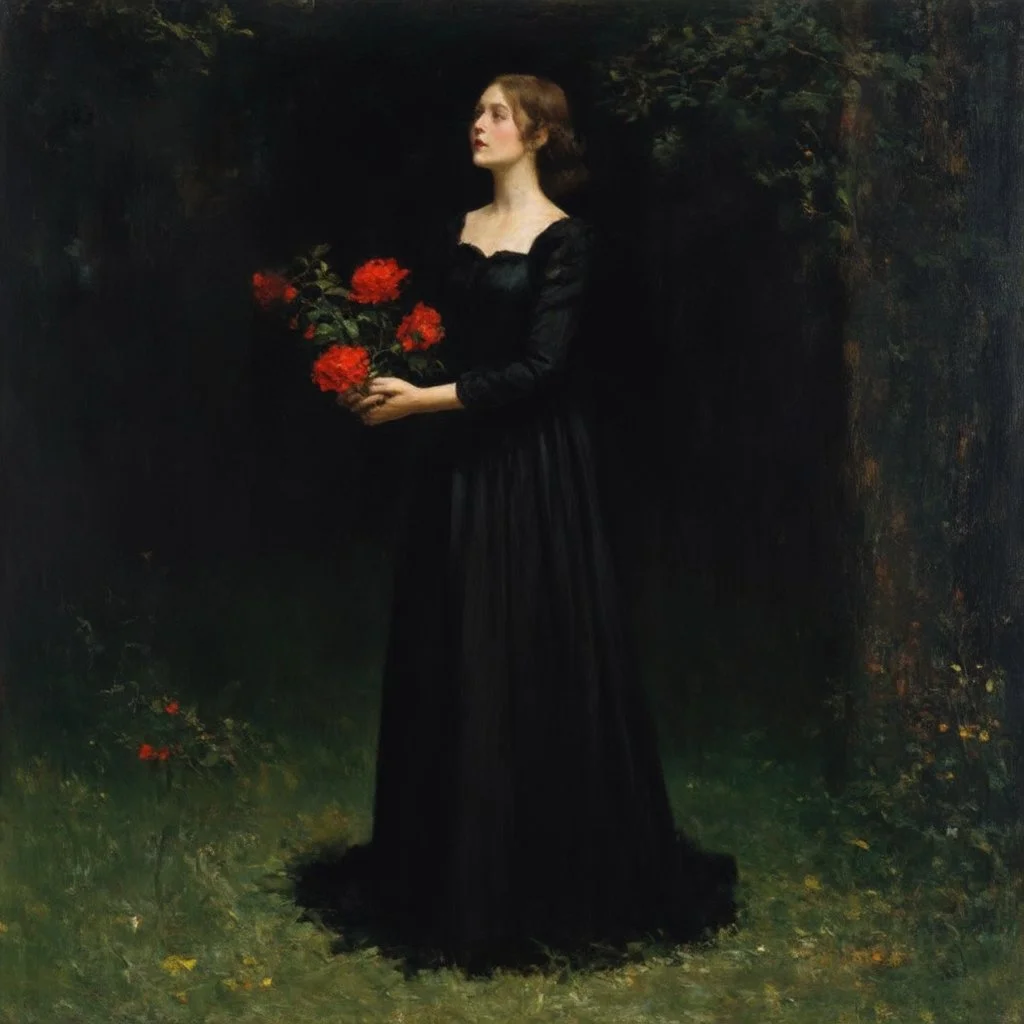 Night, one woman in black dress taking red flowers, vegetations, forest, doom, creepy, gloomy, gothic dark influence, gustave caillebotte paintings, and berthe morisot paintings