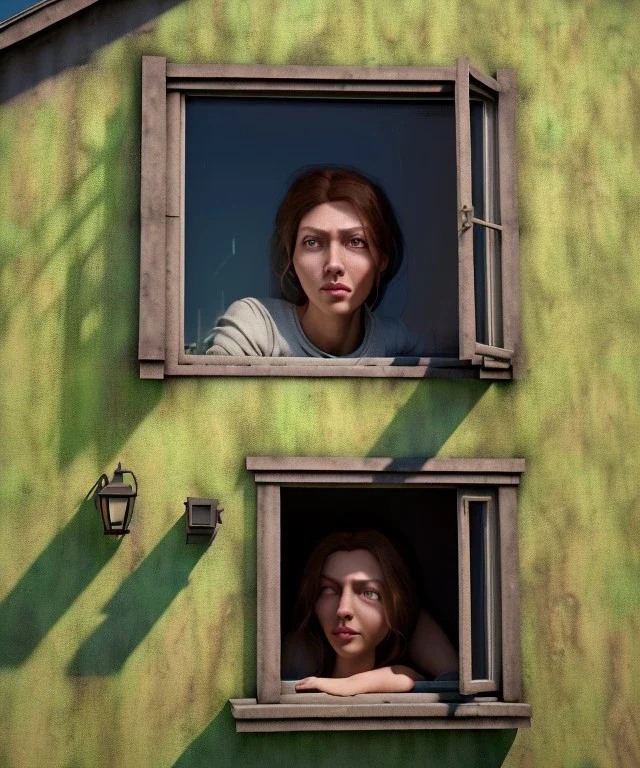 Realistic image, super giant woman head inside a house, looks out through the windows. people on the street are watching him, soft color, highly detailed, unreal engine 5, ray tracing, RTX, lumen lighting, ultra detail, volumetric lighting, 3d, finely drawn, high definition, high resolution.