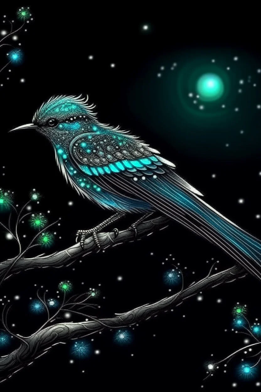 A fabulous beautiful bird with a long tail shimmers with radiance all covered in diamonds on a branch at night, magic