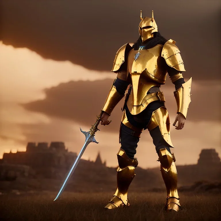 a lone paladin wearing golden armor, no helmet, medieval battle background