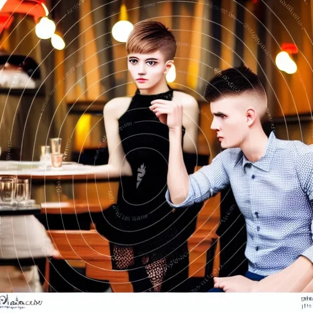 Russian guy student boy boyish boylike short man's haircut men's face boyish features female figure in black girlish lacy cocktail dress earrings in restaurant