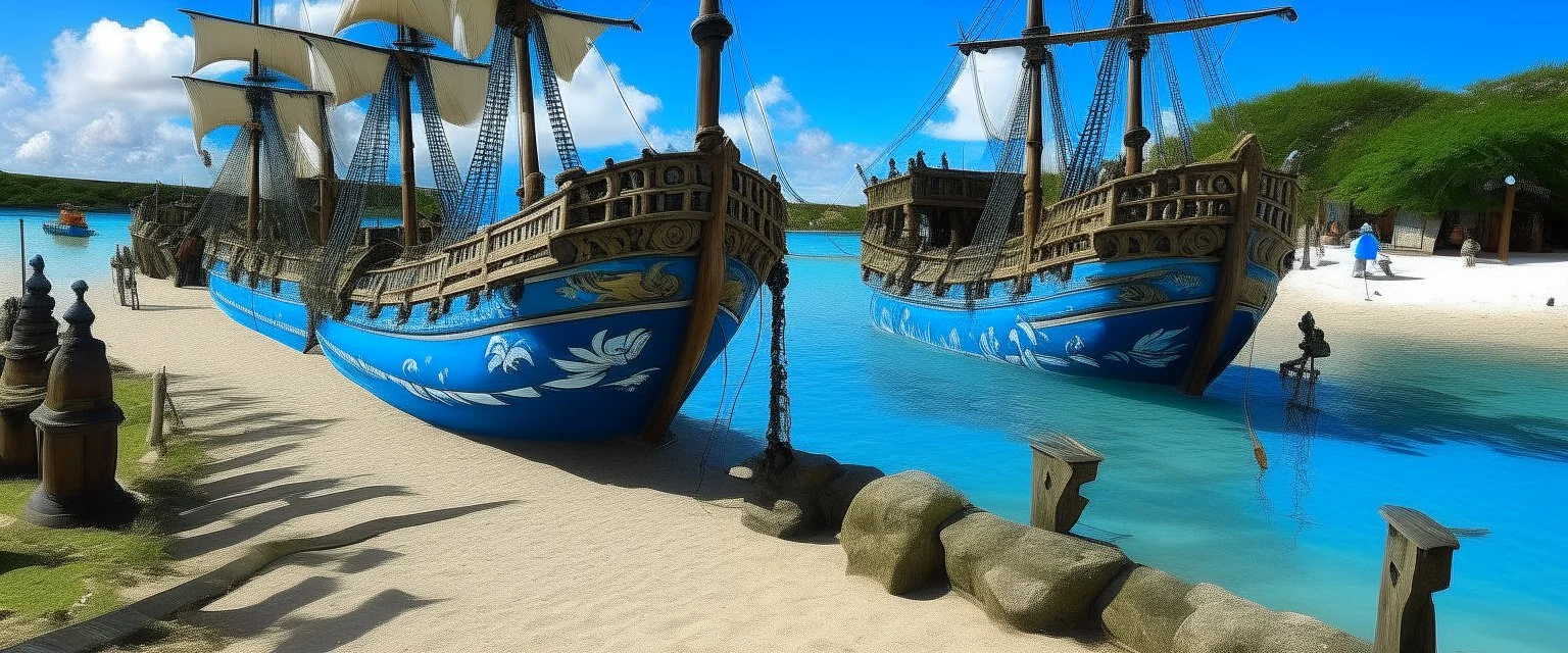 A blue bay with pirate ships designed in Mehndi design painted by Paul Gauguin