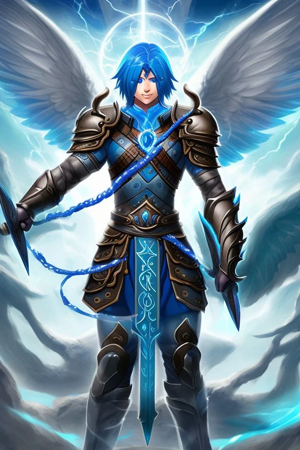 a person in runic armor with blue wings, blue short hair, runic tattoo and spell book, male