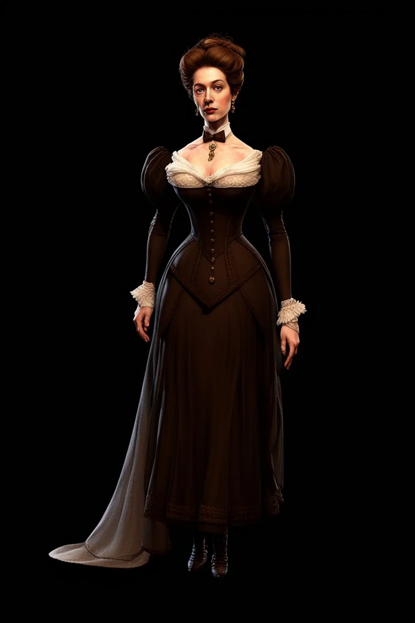 warm but stern aunty victorian era, posh british accent influenced, high born facial features dnd character on a solid black background, full body image, high quality realistic.