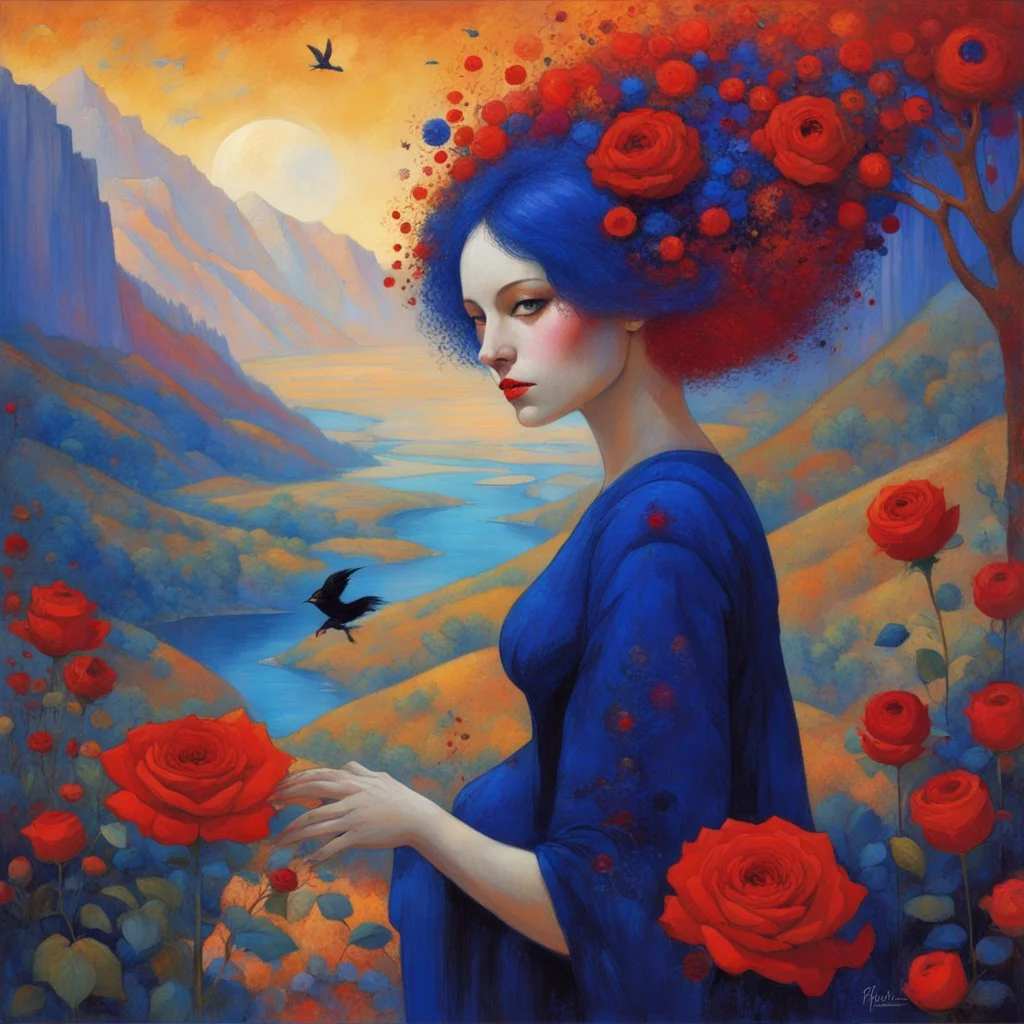 Art by Alice Rahon, Richard Burlet, Odilon Redon, Raymond Swanland, Andrey Remnev, Conrad Roset; Rebellious ravishing girl Rachel, regal in royal blue and ribuli, roaming through the radiant realm of the rainbow river valley with her ruby colored hair, meets a rare raven in a rolling hills of resplendent roses and rustling reeds, under a riotous reflective hues sky.