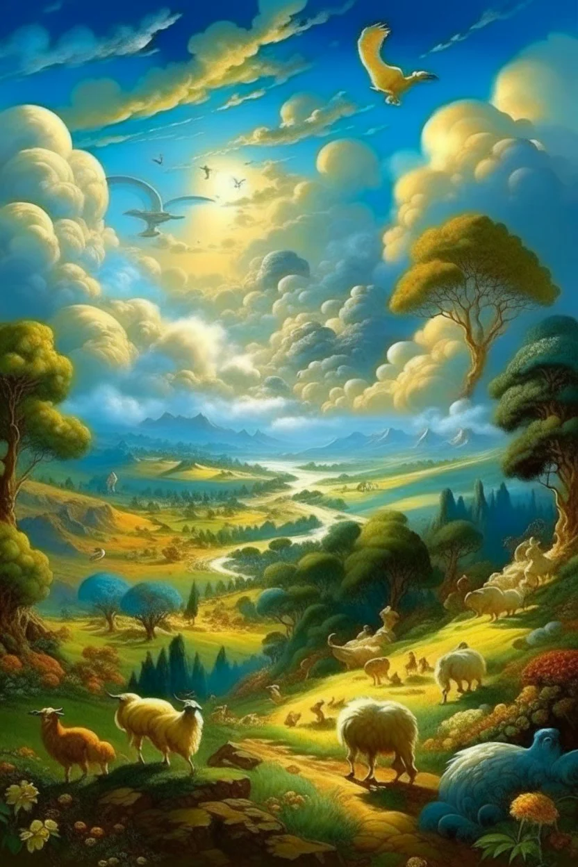 The creation of the world by God. In front of us is a valley with a beautiful landscape, where beautiful animals roam, beautiful birds fly in the sky, beautiful clouds and God in the clouds