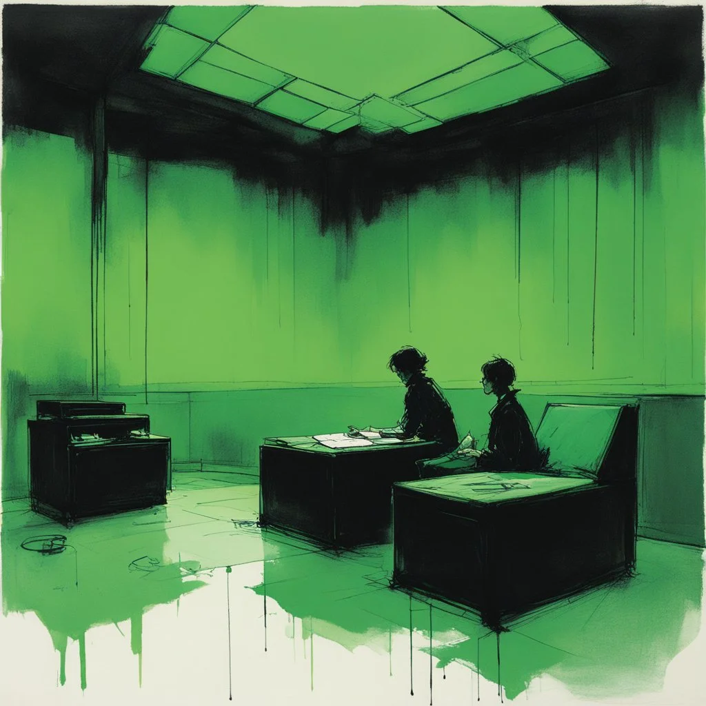 Negotiating dream frequencies, ink illustration, Green and black color scheme, unsettling, by William Wray