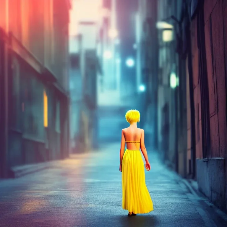 Beautiful lonely girl who walks along a street without people at dawn. You see her from behind. She wears very short yellow dress. She has short pink hair with glowing crystals. Full body, 8k resolution concept art. Professional Photo HD. Stylish. Warm vivid colors. Panoramic