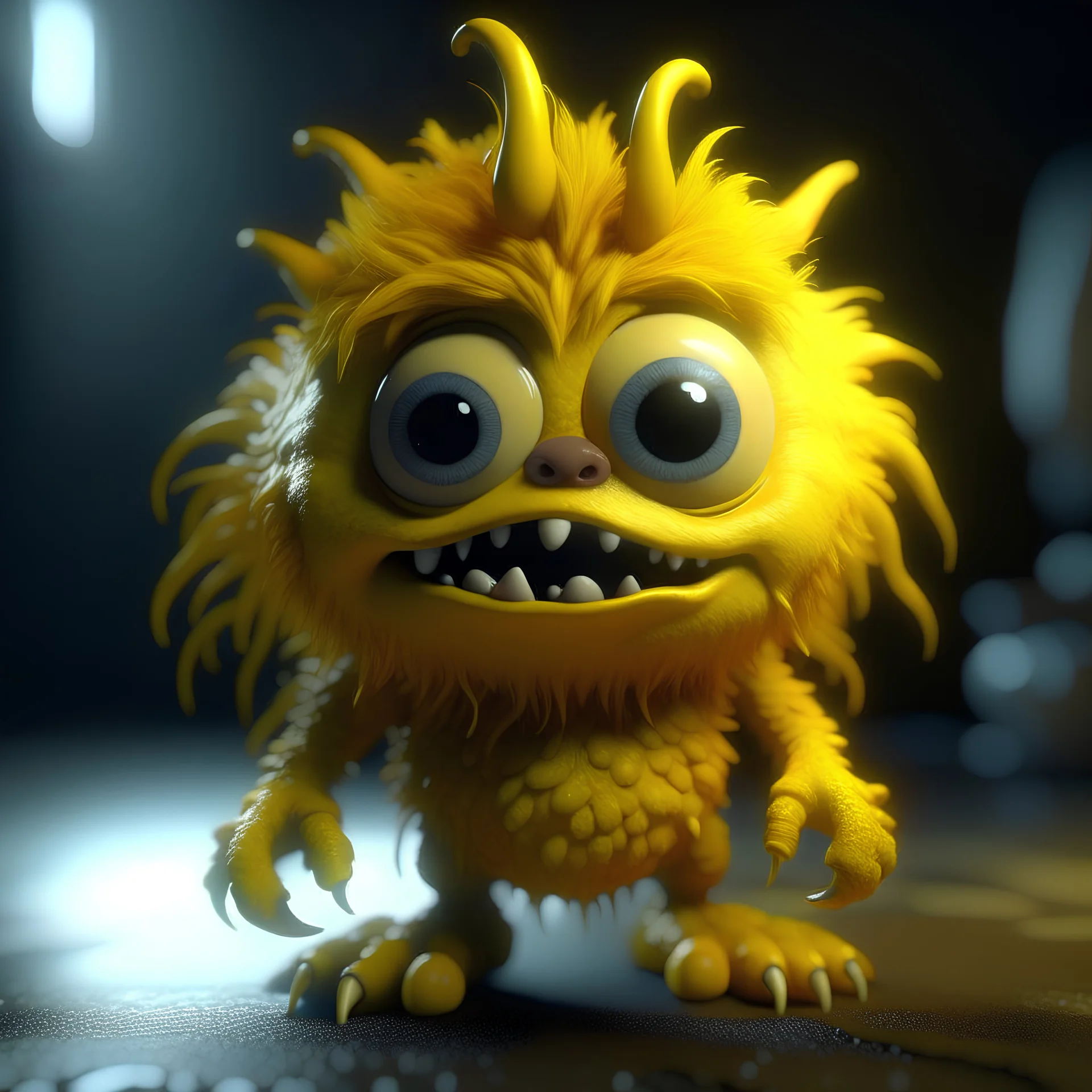 A crazy yellow sharp hair cute funny monster with 2 big realistic eyes wiggly arms and legs clearly visible 8k resolution cinema 4d unreal engine-5 realistic octane render gothic style,ornate