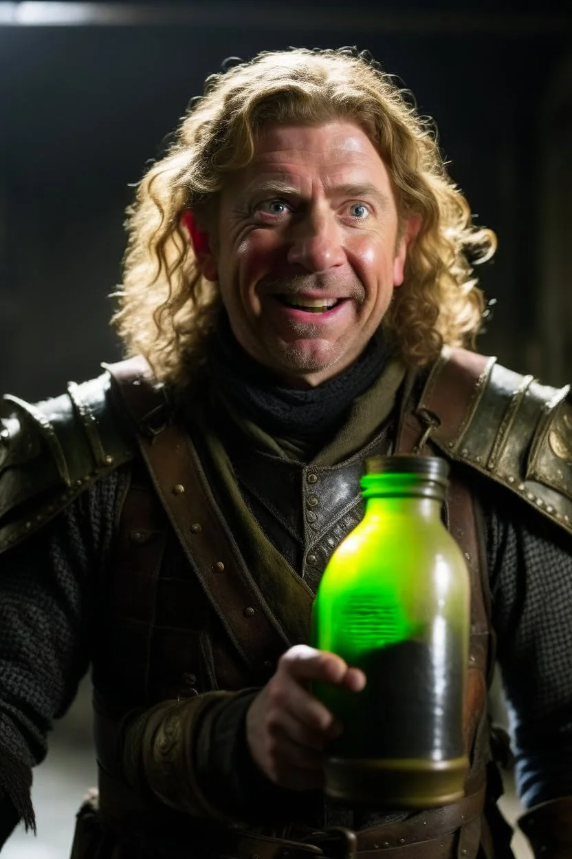 Mad-eye Moody with no skin on his face wearing leather armor, looking eager and excited, holding a windex spray bottle