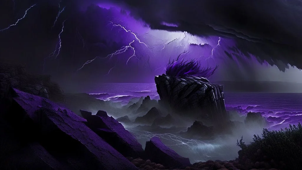 Purple Corn,Photo-realistic scene ,desolate, standing on a jagged cliff, overlooking turbulent, inky black ,A storm brews in the distance, with dark, ominous clouds gathering, powerful beam pierces the darkness, and within its light, ethereal shadows of shipwrecked souls can be seen, their translucent forms forever searching for a way home.