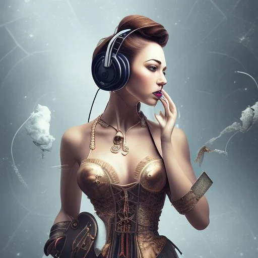 steampunk, woman listening to music and dancing, full-body