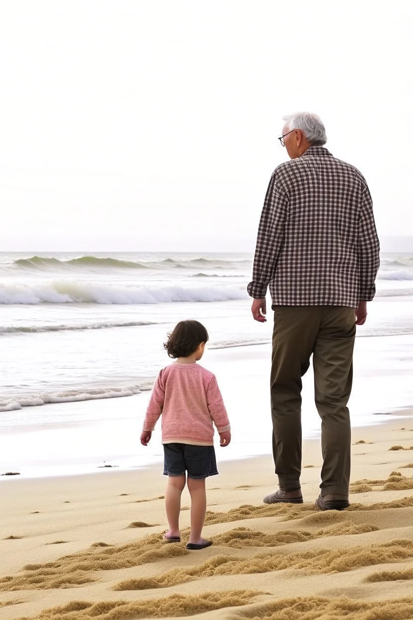 old man walking on beach with little child telling him about the wonders of life style of hiroku ogai walking away from camera