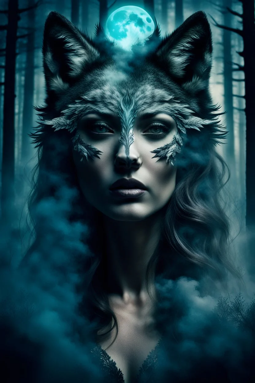 double exposure stunning woman-wolf hybrid portait, forest, moon, smoke, ultra-high detailed, deep dark colors, dark fantasy, intricate detail, cinematic, masterpiece, sharp focus, dark ethereal fantasy, hyperdetailed, atmospheric , dark surreal fantasy