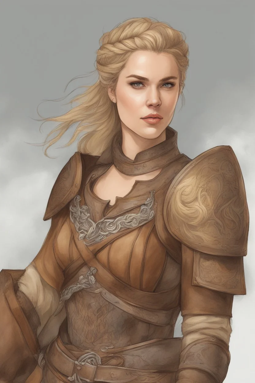 A drawing of beautiful woman with blond hair, viking braids Brown leather armor. Horse