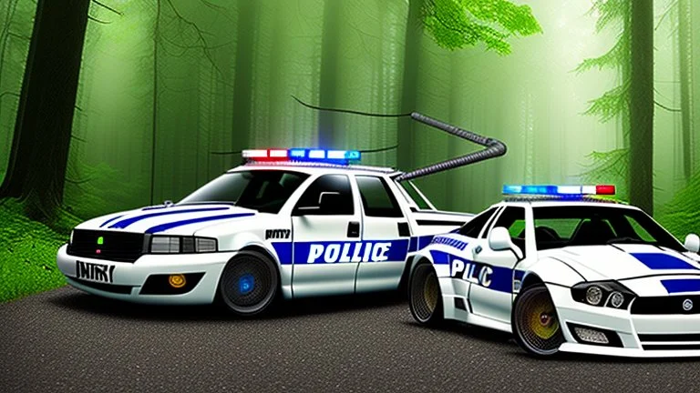 A police Tesla Cybertruck is chasing a Tesla 'Model S Plaid' at top speed, across the 'Jurassic Park' island. CINEMATIC. WIDE ANGLE LENS.