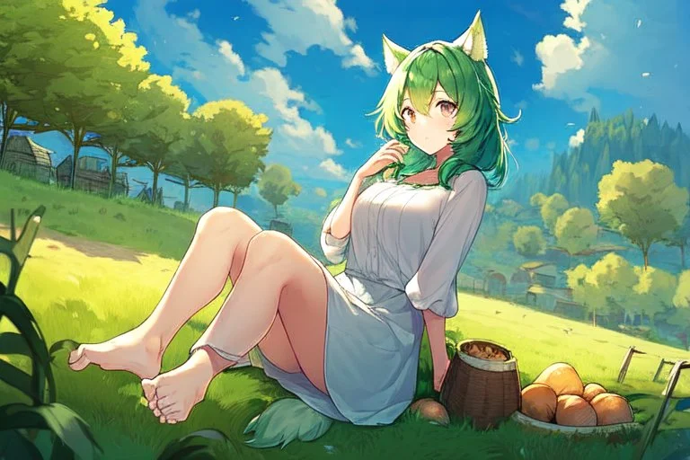 Girl, green hair, wolf paws in hand, farm, sit, wolf paws in feet, blushed, potato