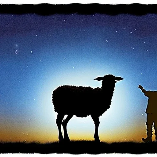 shepherd boy looking up, bright start in night sky, mideast pastures, flock of sheep