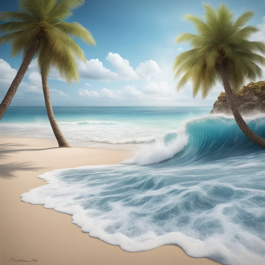 Hyper Realistic sea waves & seashore beach with blue sky & palm trees