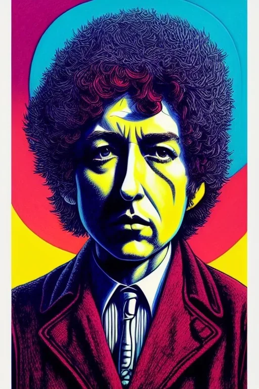 a vibrant ultraclear poster of a bob dylan, by rene magritte and laurie greasley, etching by gustave dore, colorful flat surreal, ethereal, intricate, sharp focus, illustration, highly detailed, digital painting, concept art, masterpiece