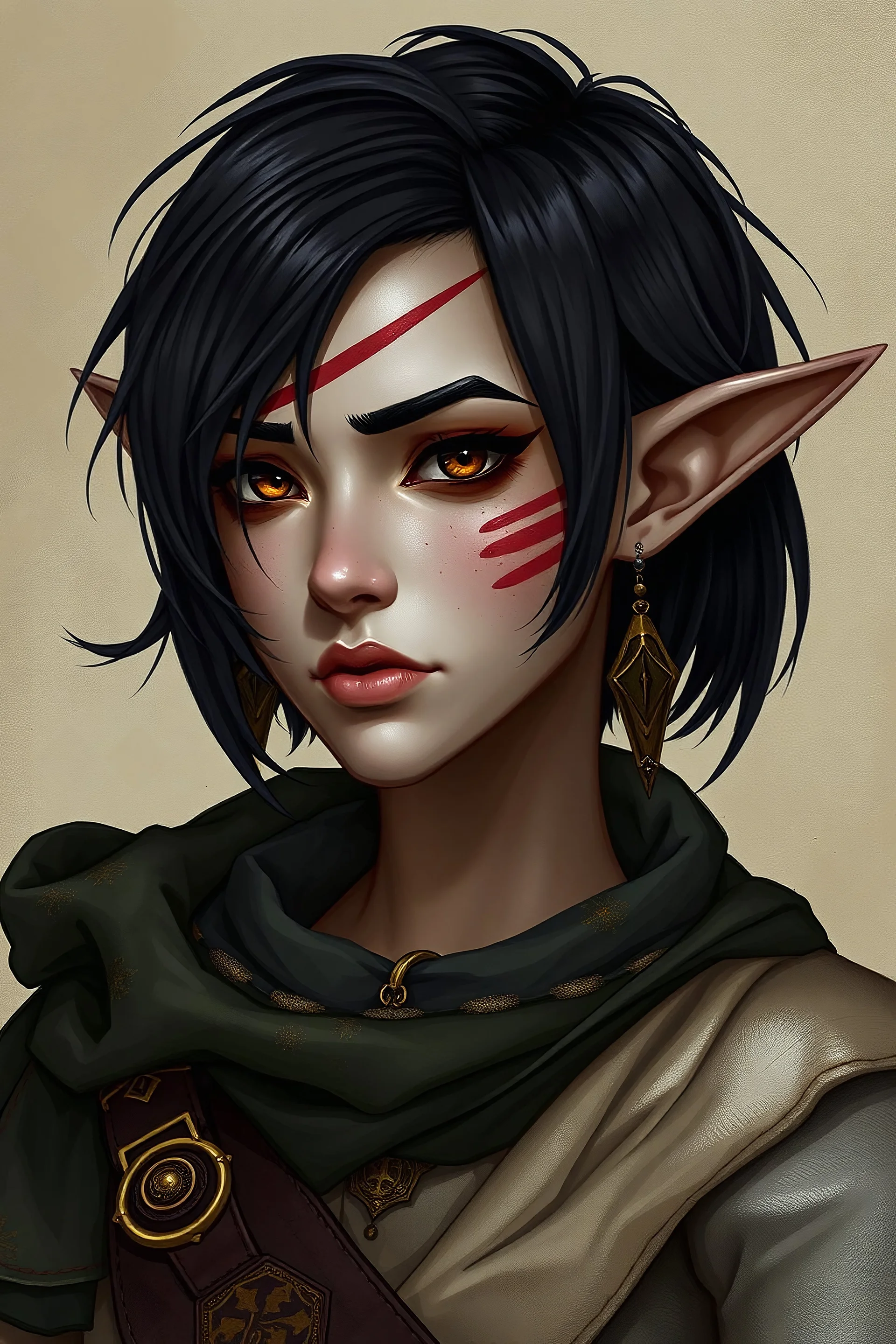 dungeons and dragons elf female Djinni warlock, gray freckled skin, short ink black hair, dark gold eyes, scar across her right eyebrow, wears clothes made for sea travel, portrait