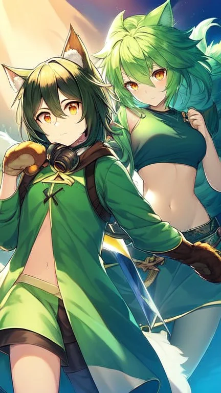 Girl, 2boy ,wolf muzzle, long green hair, green wolf ears, wolf tail, open navel, short blue shirt,animal tail, animal paws, wolf paws hand, orange eyes, sword.