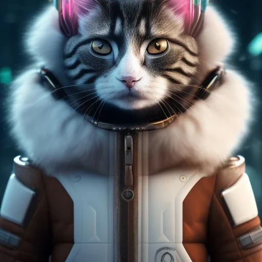 Cyberpunk Portrait of cyborg cat child with brown hair and with cute face, north pole snowy vibe , perfect composition, hyperrealistic, super detailed, 8k, high quality, trending art, trending on artstation, sharp focus, studio photo, intricate details, highly detailed, by greg rutkowski