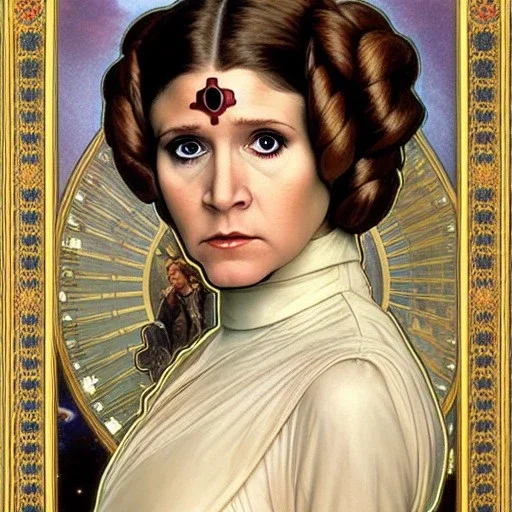 photorealistic carrie fisher as princess leia in star wars ,braided hair, hazel iris, illustration on coarse canvas by Alphonse Mucha , ornate and intricate details, ultra detailed, 16K