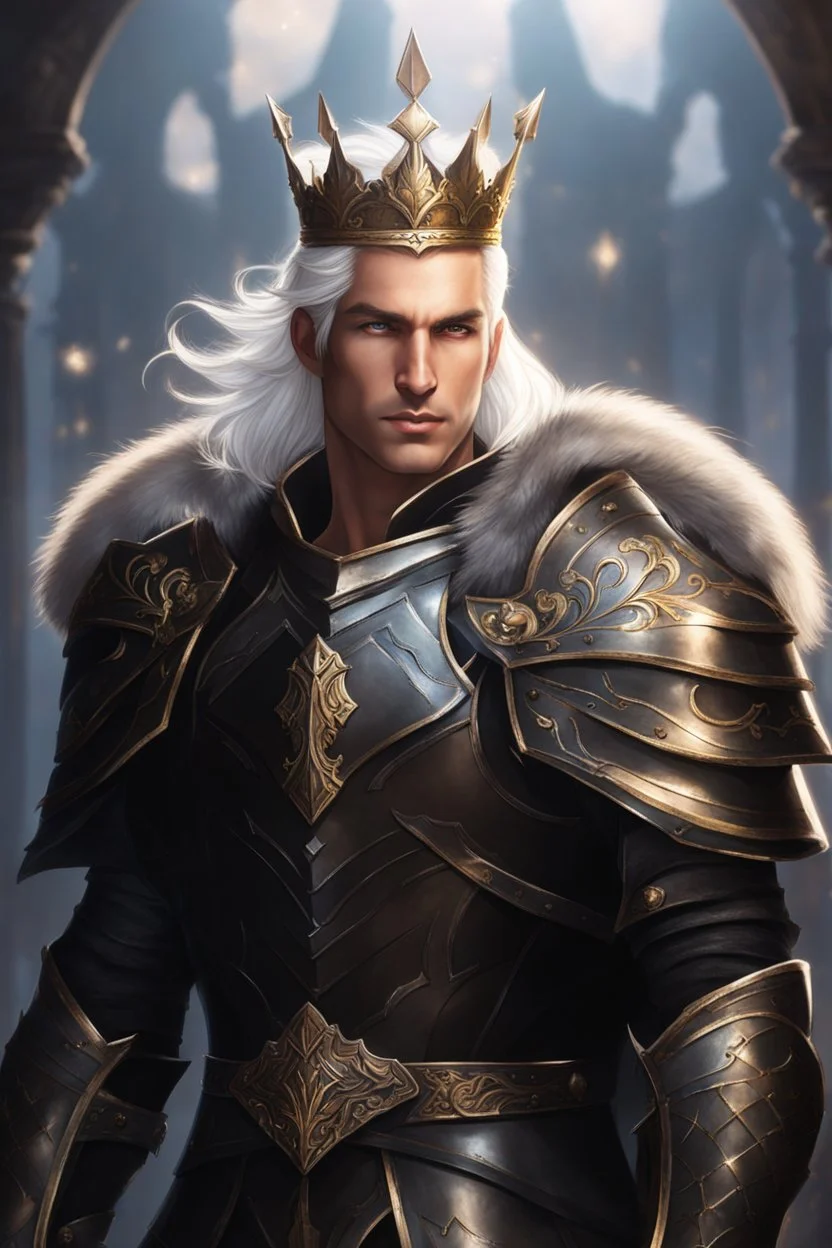 Male Tan Human, White Hair, Handsome Face, Wearing A Magical Crown, Black Heavy Armour, Dark colours theme, Dark Background, Paladin Greatsword Strapped to his Back