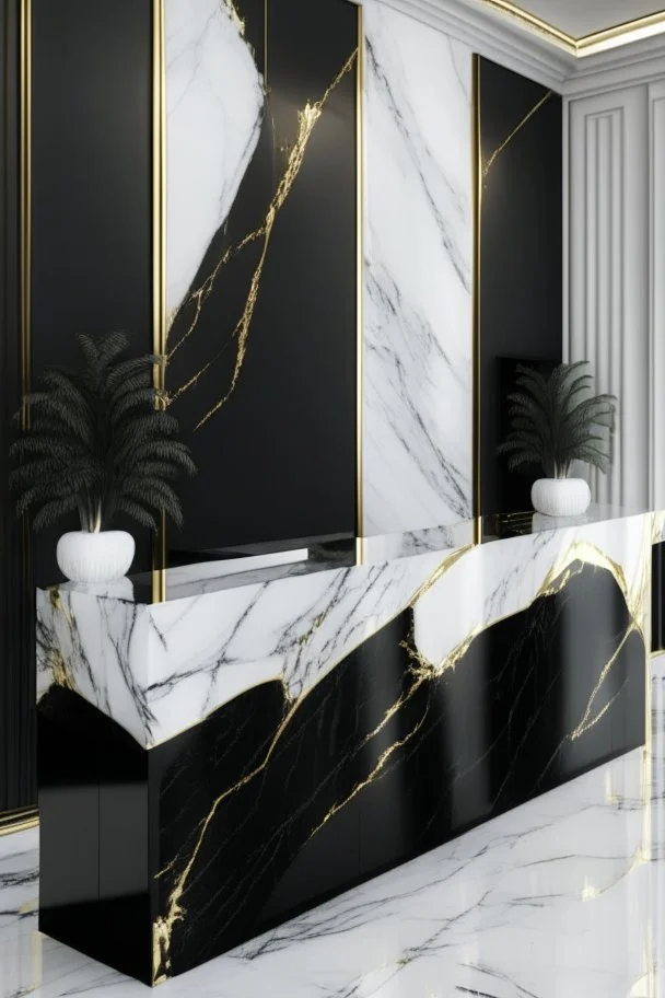 Black marble reception desk with white marble wall veined with gold