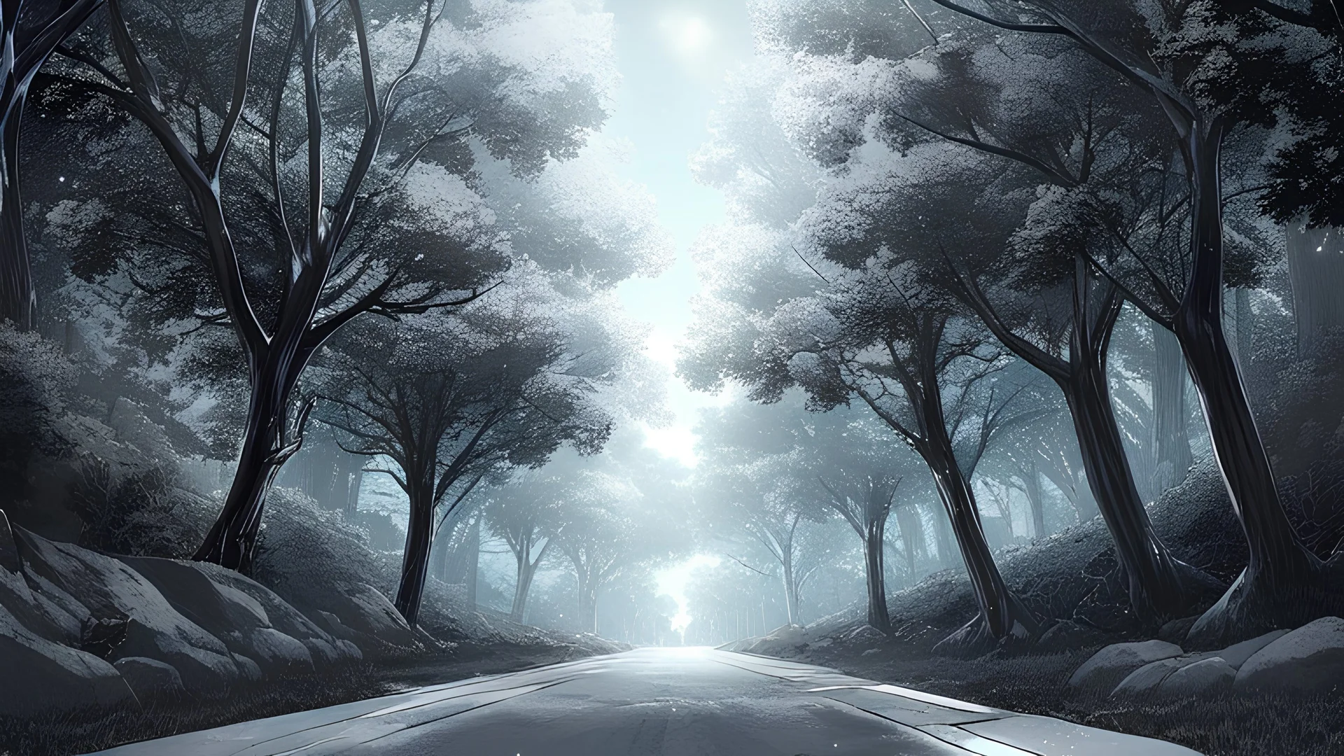 A anime landscape with trees and the midnight sky with stars. also with roads. Dark and greyish