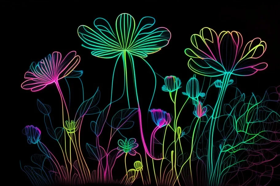 black background, outlines of a holographic flower garden drawn from thin neon-coloured glowing lines