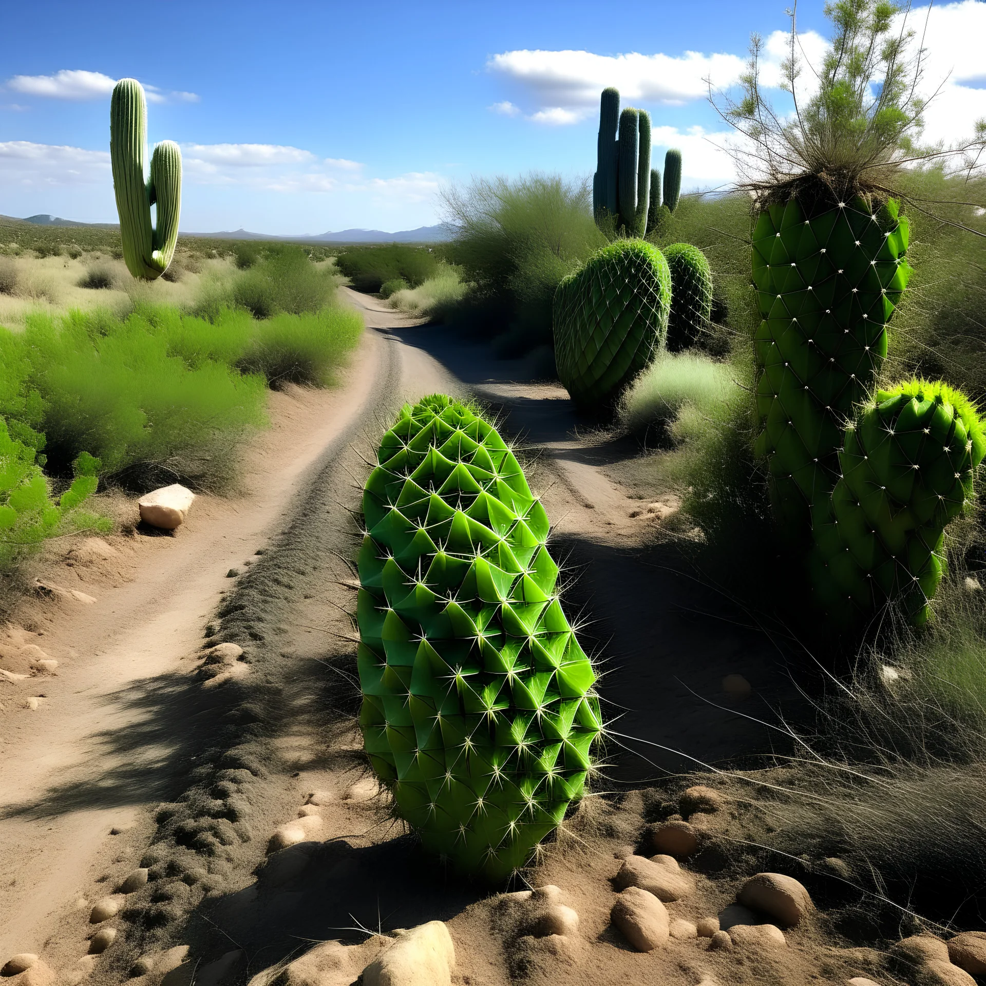 Prickly pear plant extending on both sides of a dirt road