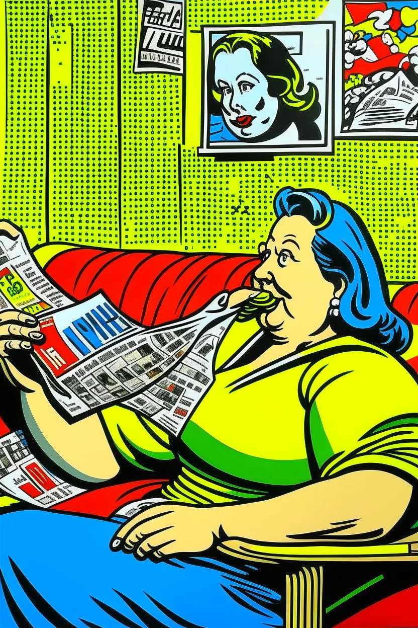 fat woman sitting on sofa READING NEWS PAPER listening to radio watching tv news WITH BIG BOTTLE OF SODA AND EATING BIG BAG OF POTATO CHIPS in a room with signs of propaganda in the style of roy lichtenstein