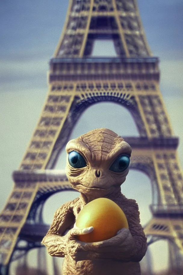 E.T. holding an Easter egg in front of the Eiffel Tower