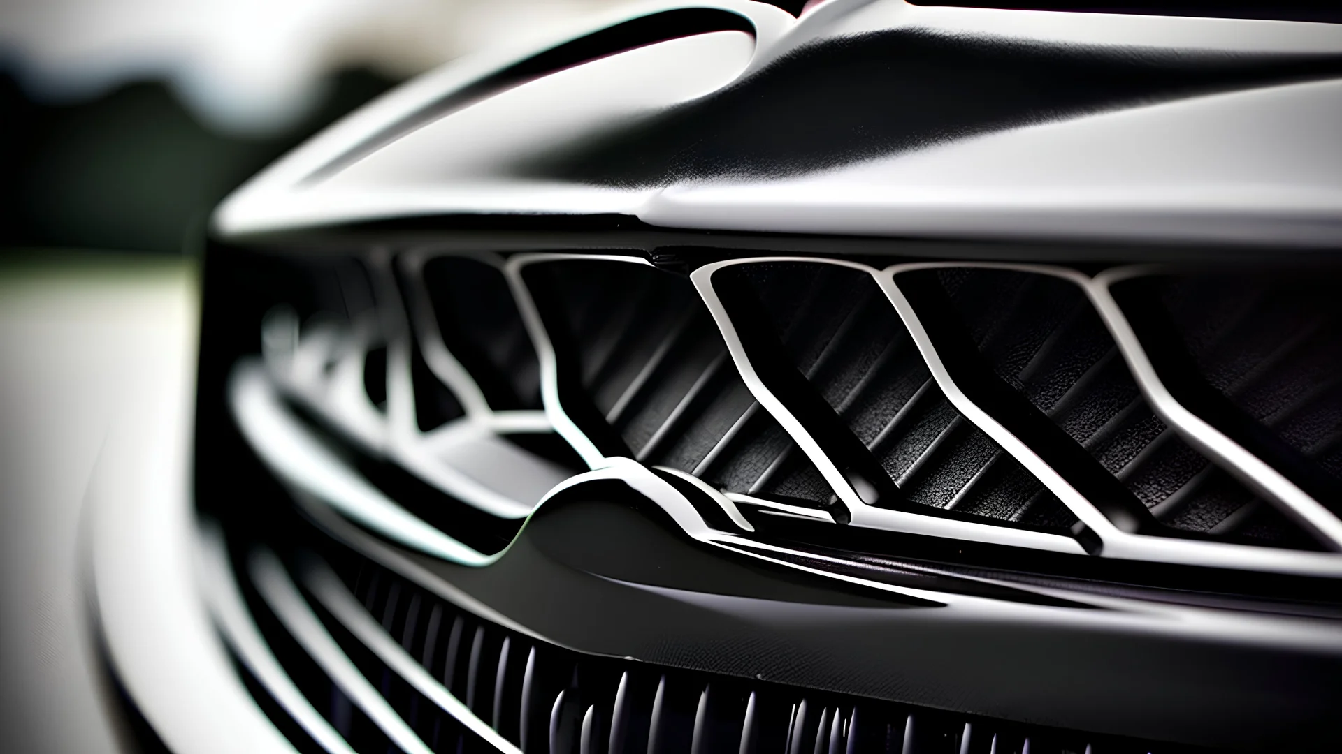 Photograph of a the front grill of a gorgeous, expensive, oldschool black sports car with a big, black front grill, realistic, stylish, taken up close from the front of the car.