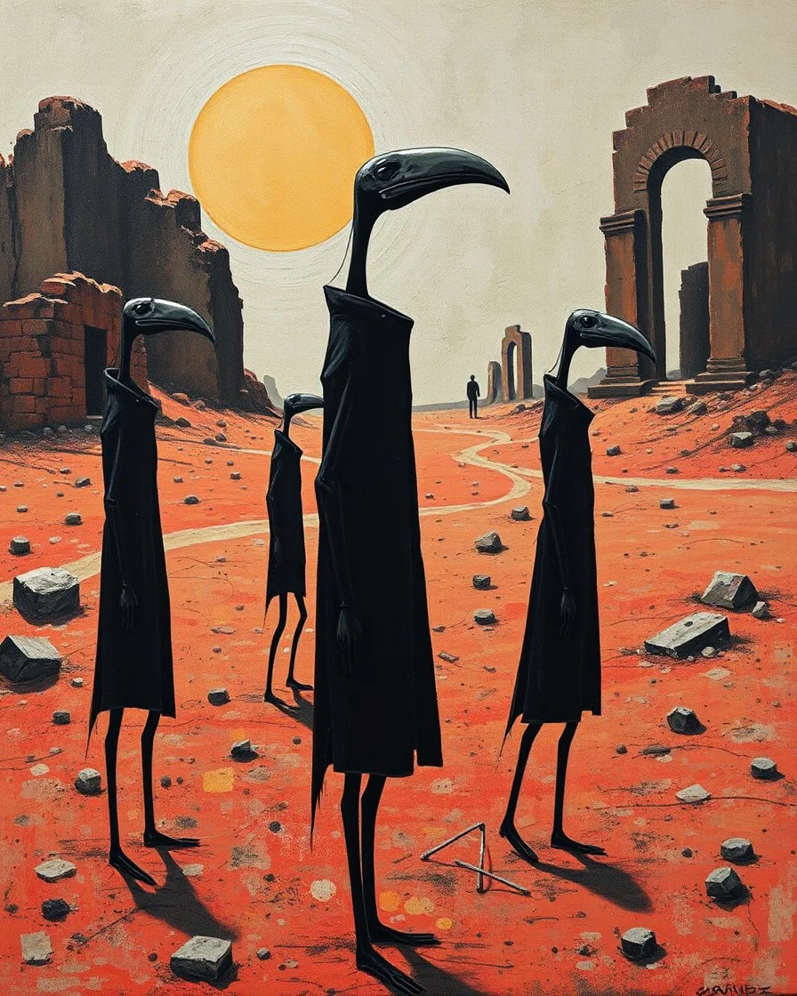 long-legged surreal lean black-grey figures with beak-shaped heads in overcoat, profile, semi-silhouettes among ramshackle ruins in a barren landscape of red, yellow, black and beige colors, intricate acrylic painting