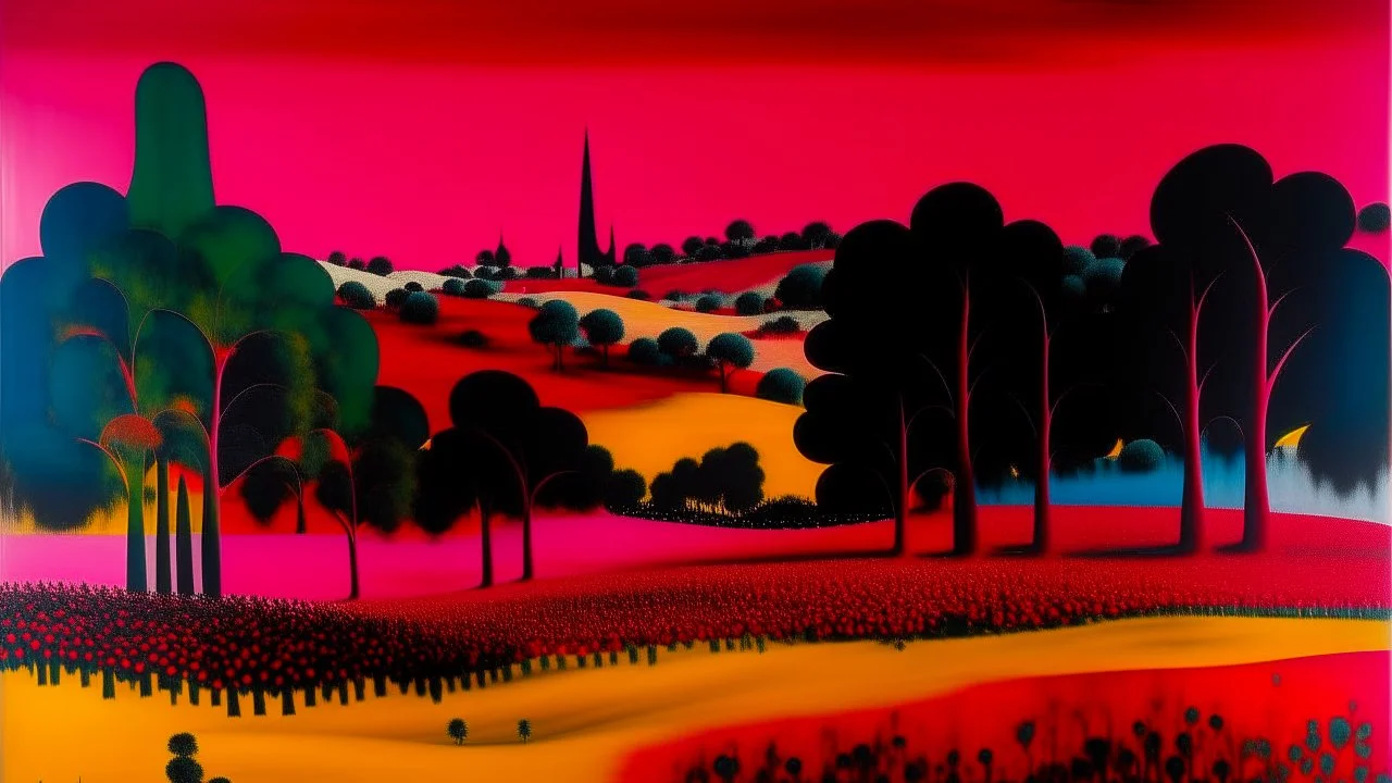 A magenta field with cypress trees near an Italian village painted by Joan Miro